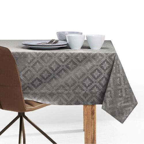 DecoKing Maya brown classic tablecloth on a set dining table against white background