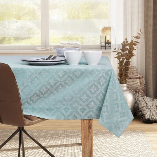 DecoKing Maya mint green tablecloth on dining table, classic pattern