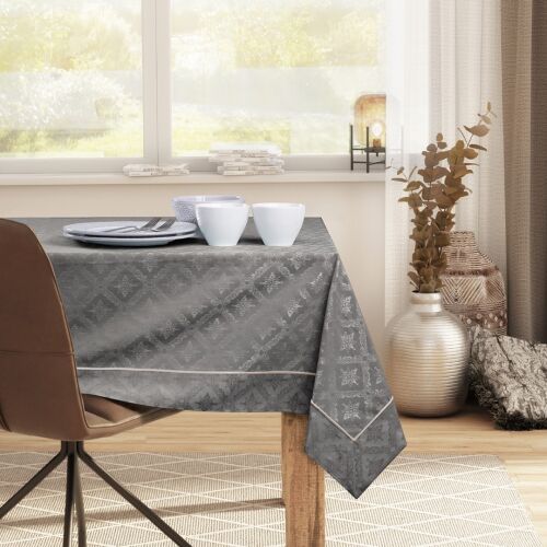 DecoKing Maya brown classic printed tablecloth on a dining table setting