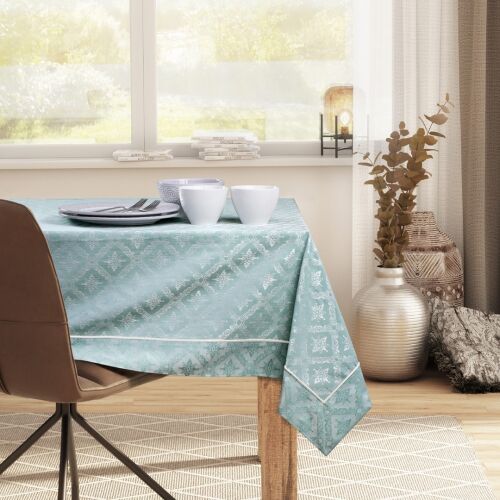 DecoKing Maya mint green tablecloth on dining table in a modern setting