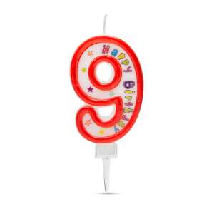 Red number 9 birthday candle with 'Happy Birthday' text - Birthday Candle & Cake Topper