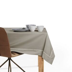 DecoKing Pure cappuccino square tablecloth on a table with place settings - DecoKing