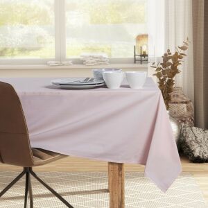 DecoKing Pure powder pink round tablecloth on a table in a dining room setting - DecoKing