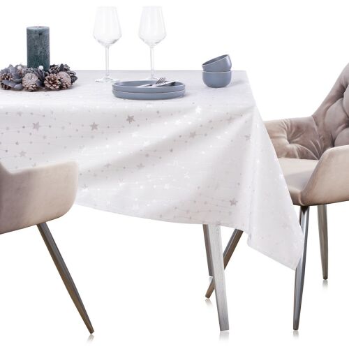 AmeliaHome Stardust white festive tablecloth on a set table