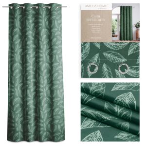 AmeliaHome Calm bottle green blackout curtain with leaf print and silver grommets, 140x250 cm - Curtain