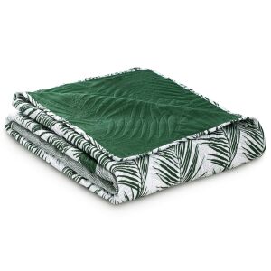 Folded AmeliaHome Tropical Bonaire green bedspread with palm leaf print on white background. - Bedspread