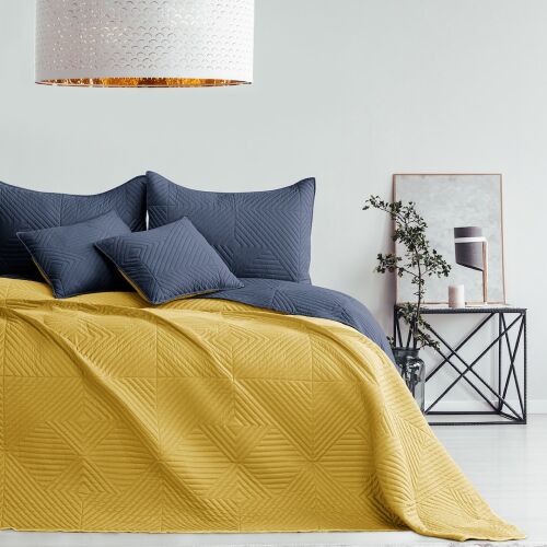 AmeliaHome SOFTA graphite grey and mustard yellow bedspread on a made bed