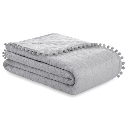 Folded AmeliaHome Meadore grey microfiber bedspread with pom poms