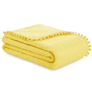 Folded AmeliaHome Meadore yellow microfiber bedspread with pom poms - Interior design