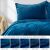 AmeliaHome Laila indigo blue velvet bedspread on bed with pillows, color variations