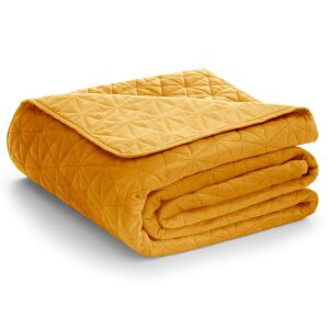 Folded AmeliaHome Laila mustard yellow velvet bedspread on a white background. - Decoration