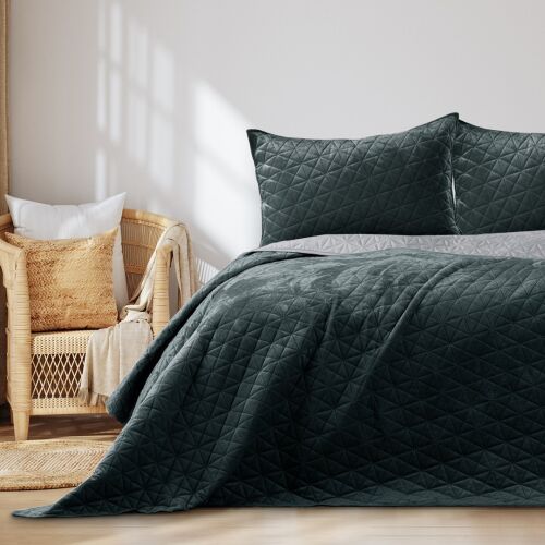 AmeliaHome Laila graphite grey velvet bedspread on a bed in a bedroom setting