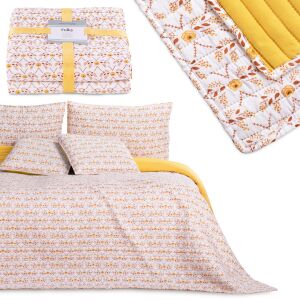 AmeliaHome FOLKY biała narzuta na łóżko w stylu boho 260x280 cm z kwiatowym nadrukiem i żółtym spodem, złożona i na łóżku - AmeliaHome Narzuta