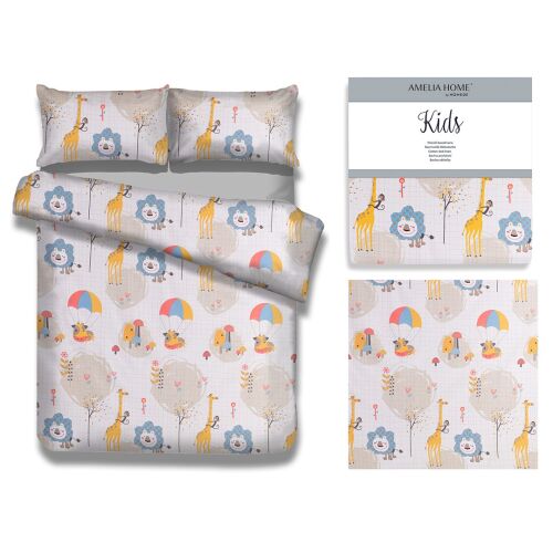 Set lenjerie de pat AmeliaHome Kids bej cu imprimeu animale safari 135x200 cm
