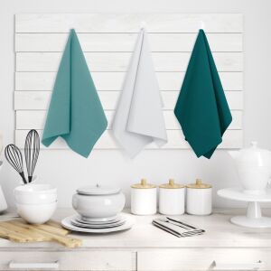 AmeliaHome Letty turquoise, white, and teal kitchen towels hanging in kitchen setting - AmeliaHome