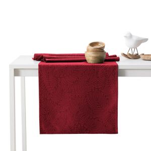 AmeliaHome GAIA burgundy embossed table runner on white table - Interior design