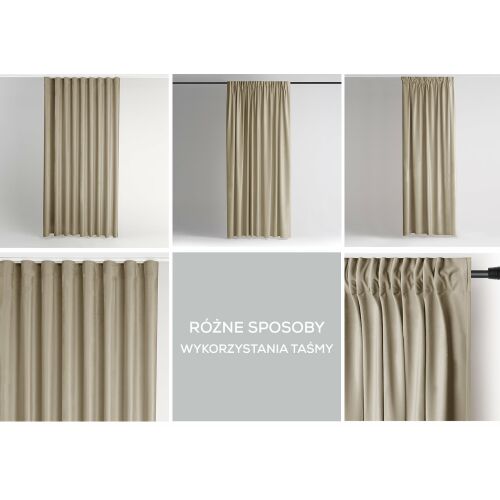 Collage showing different hanging styles of AmeliaHome Velvet beige blackout curtain.