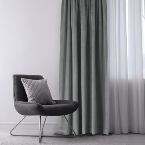 VILA graphite grey blackout curtain with sheer curtain and chair