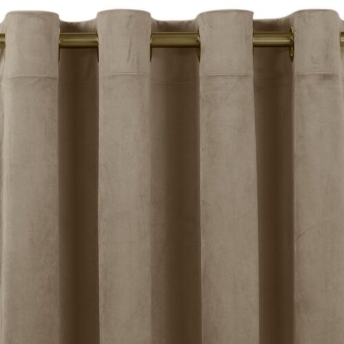 Close-up of VILA beige velvet blackout curtain with gold grommets.