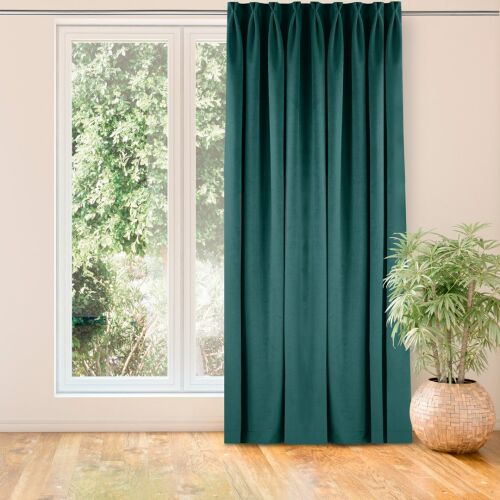 VILA teal velvet blackout curtain in living room setting