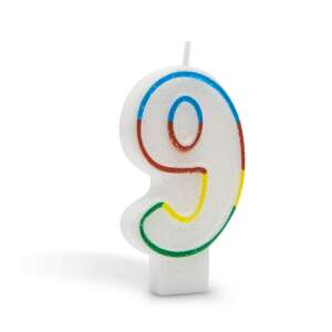 Number 9 birthday candle, white with colorful outline, 7cm - Birthday Candle & Cake Topper