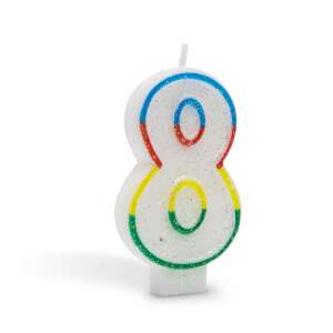 Number 8 birthday candle, white with rainbow glitter, 7cm - Birthday Candle & Cake Topper