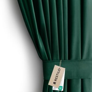 Close-up of AmeliaHome Velvet blackout curtain in glass green with tieback. - Curtain