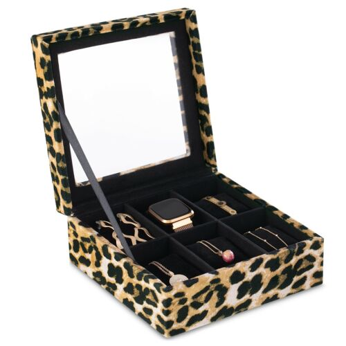 AmeliaHome GLASEN modern leopard print jewelry and watch organizer with compartments, open, showing interior