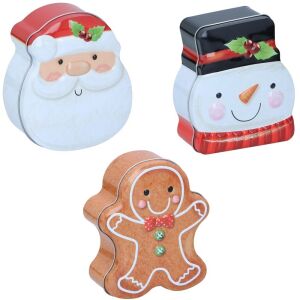 3db-os karácsonyi süti és ajándék tartó fémdoboz szett Mikulás, hóember és mézeskalács mintával - Tárolódoboz & kosár