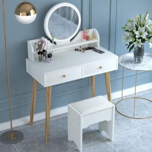 Măsuță de toaletă albă cu oglindă rotundă și taburet. Măsuță de toaletă modernă pentru machiaj și înfrumusețare. - BeComfort Măsuțe de toaletă