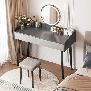 HT-1900-100 fésülködőasztal kerek tükörrel és székkel hálószobai környezetben - BeComfort