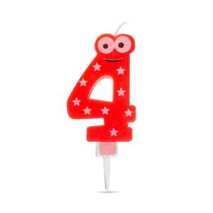 Red number 4 birthday candle with white stars and a smiley face - Birthday Candle & Cake Topper
