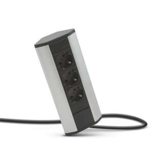 Sarokeloszto aluminum corner power strip with 3 sockets on white background - Delight Power Strip