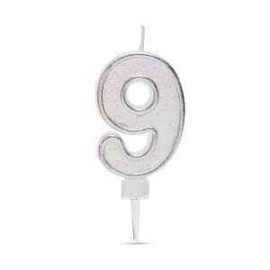 Silver glitter number 9 birthday candle - Birthday Candle & Cake Topper
