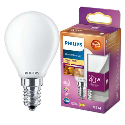 Philips E14 LED kisgömb 3,4W 470lm extra melegfehér - 40W izzó helyett (Calssic WarmGlow) 43358546