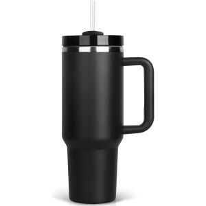 Cană termos neagră de 1200 ml cu mâner, capac și pai - Termosuri și suporturi pentru băuturi