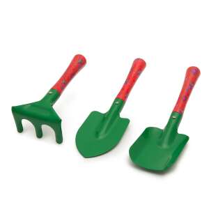 3 piece garden tool set for kids, includes rake, shovel, and trowel, green metal heads with red patterned wooden handles - Sport & Leisure