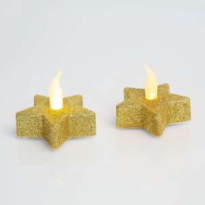 Két arany csillámos csillag alakú LED-es teamécses fehér alapon - Mécses