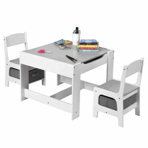 Kindertisch mit Sesseln, zweiseitig mit schwarzer Tafel, 2-in-1 zum Spielen und Aufbewahren, WEISS/GRAU