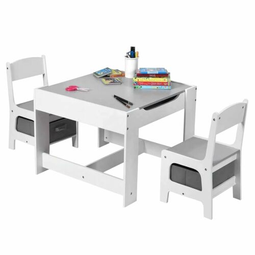 Kindertisch mit Sesseln, zweiseitig mit schwarzer Tafel, 2-in-1 zum Spielen und Aufbewahren, WEISS/GRAU
