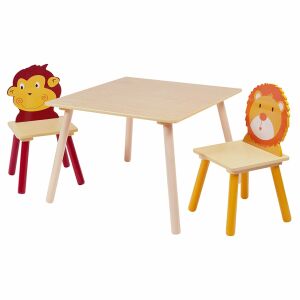 Kindertisch aus Holz mit 2 Stühlen, Set – zum Lernen, Spielen, Malen, Essen – ANIMALS