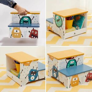 Kinder-Tritthocker aus Holz mit 2 Stufen, Stauraum und Tragegriff – MONSTER