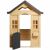 Prednji pogled na drvenu kućicu za igru GINGER HOME s otvorenim vratima
