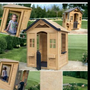 GINGER HOME domek dla dzieci, drewniany, do zabawy na świeżym powietrzu w ogrodzie i na podwórku, 140 x 112 x 108 cm