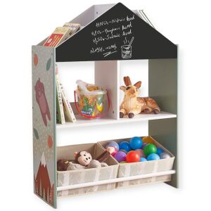 GINGER HOME Kinderregal – Aufbewahrungsschrank für Spielzeug und Bücher, mit Bär-Motiv, Tafelfläche zum Schreiben, Haus-Design, FOREST