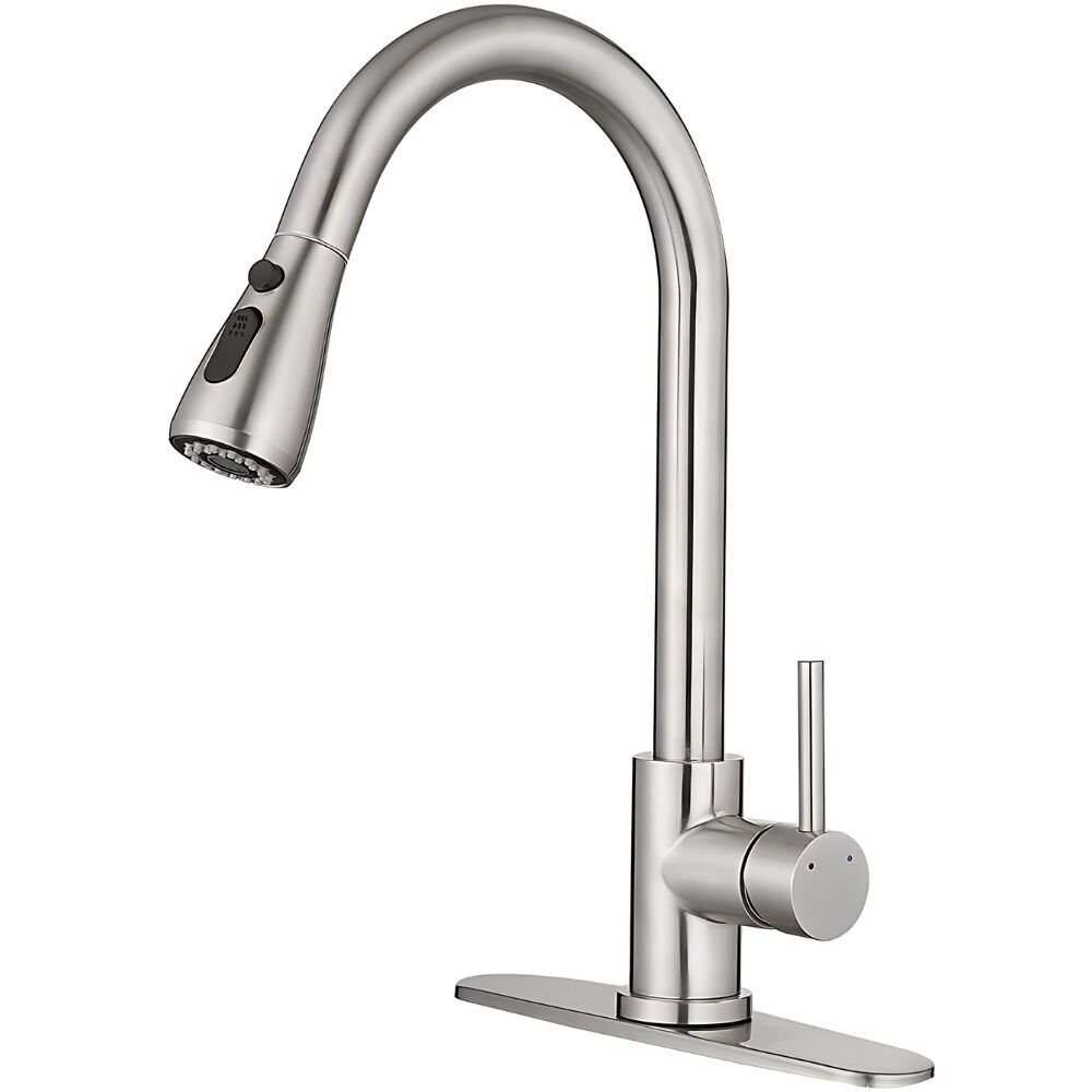 Konyhai csapt JOZY® gombbal, magas kifolyóval, 2 típusú fúvókával, rozsdamentes acél és szerelvények mellékelve, ezüst matt felület