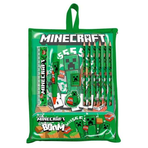 Minecraft Boom Schreibwarenset, grüner Halter mit Minecraft-Stiften, Lineal, Radiergummi, Anspitzer, Stift und A4-Notizbuch