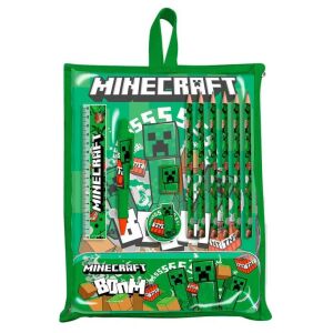 Set de papetărie Minecraft Boom, suport verde cu creioane Minecraft, riglă, radieră, ascuțitoare, pix și caiet A4 - Minecraft