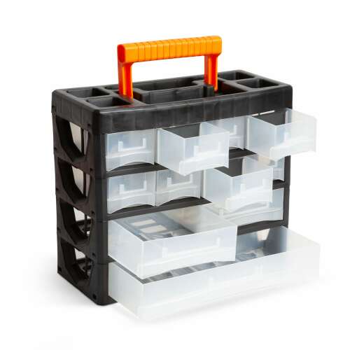 Black and orange plastic tool organizer with 11 drawers, some open, showing clear plastic drawers