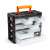 Black and orange plastic tool organizer with 11 drawers, some open, showing clear plastic drawers
